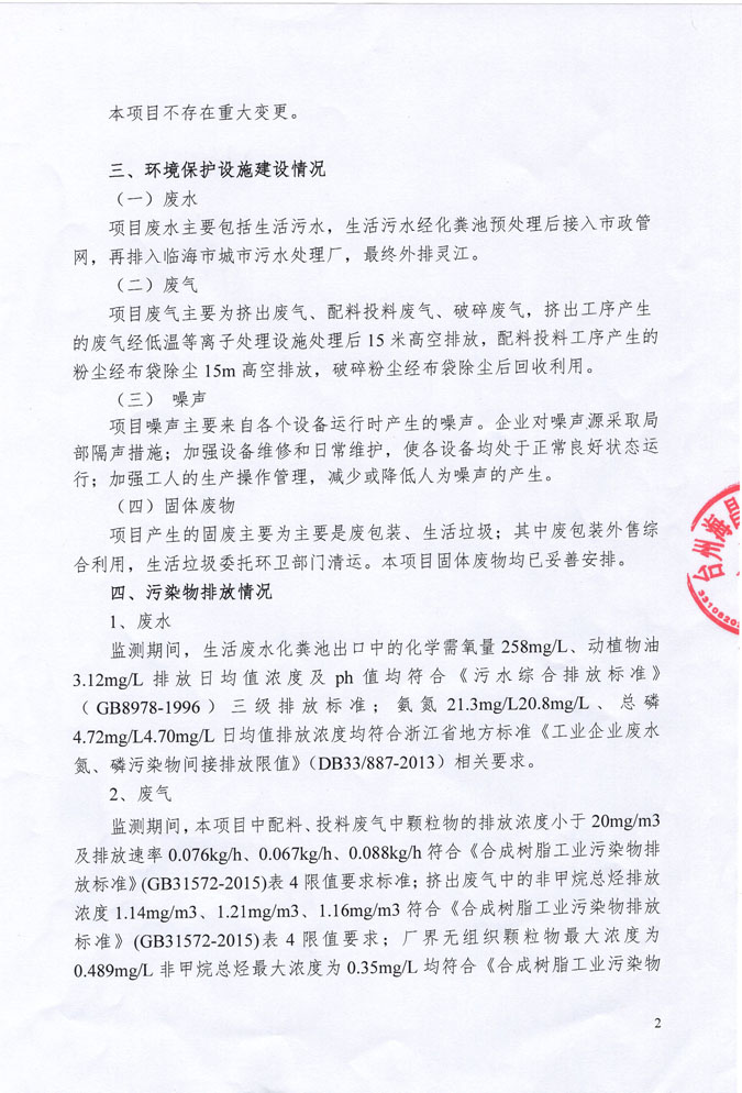 臺州海昌新材料有限公司年產12000噸PVC片材技改建設項目環境保護設施竣工驗收意見